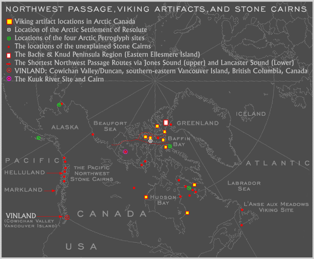 Map 2c. The Northwest Passage, Viking Indicators, Stone Cairns, and Western Stone Longhouses