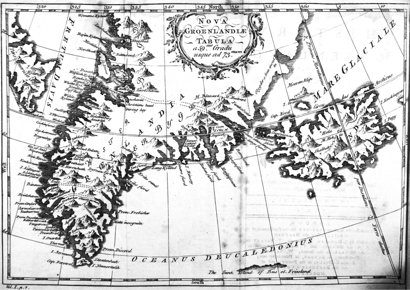 MAP 5b. THE NOVA GROENLANDIAE MAP Unfolded (Vol.1, p. 1 ( David Cranz, 1767?)
