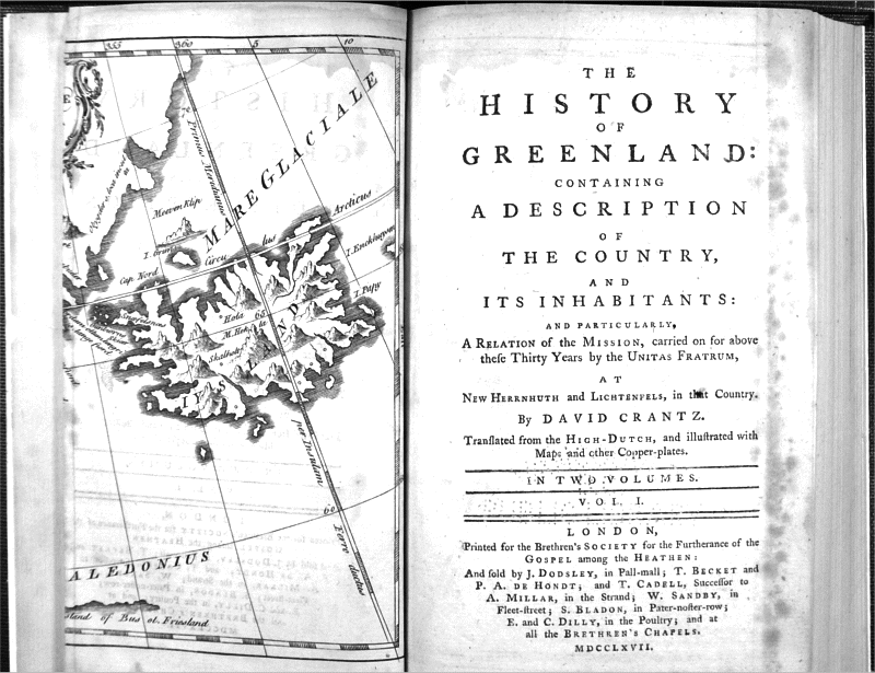 MAP 5a. THE NOVA GROENLANDIAE MAP (Folded; Vol.1, p.1.) accompanying David Crantz's History of Greenland. (1767?)