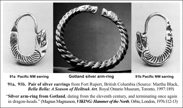 Fig. 9.1. Ornamentations on Heiltsuk silver earrings and an 11th century Norse (Gotland) Silver arm-ring.