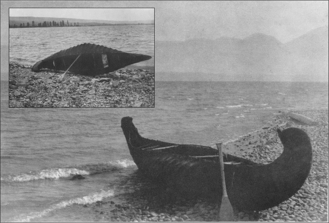 Fig. 7.1.3b. The Flathead Lake Skin Canoe.. Edward S. Curtis, The North American Indian, Vol. 7, p.150, 152.
